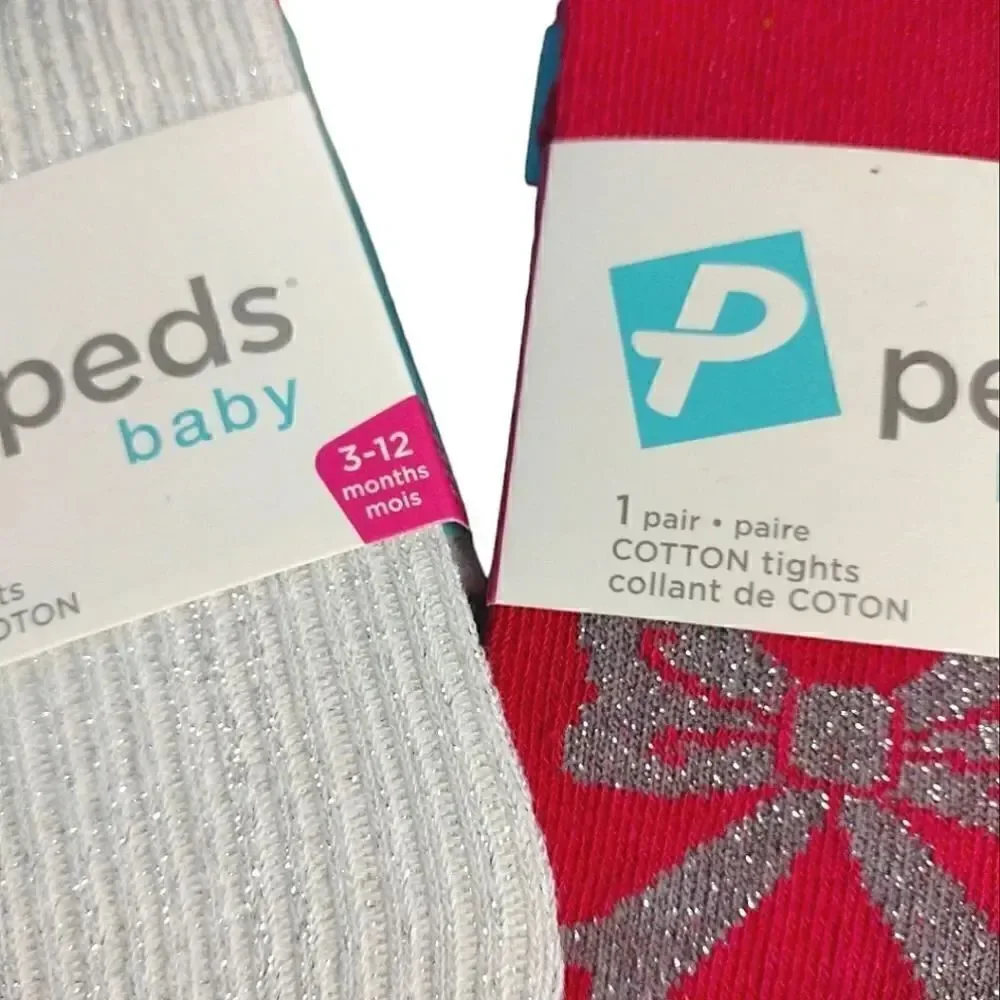 $9💥 Peds Baby 2 Prs Ivory & Pink Sparkly Cotton Tights 3- 12 mnths NWT